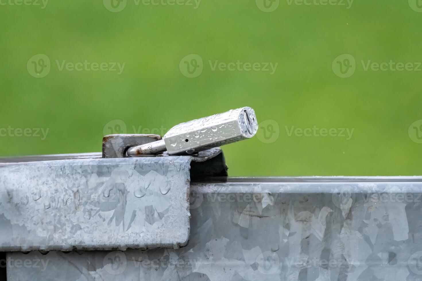 Padlock securing metal gate in the rain with green background photo