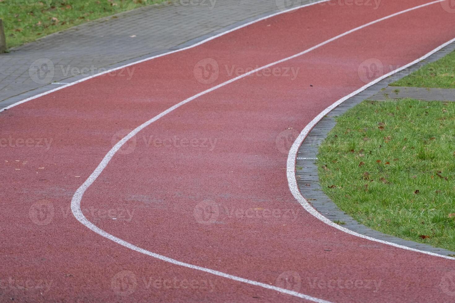 Running track curve with white lines and green grass photo