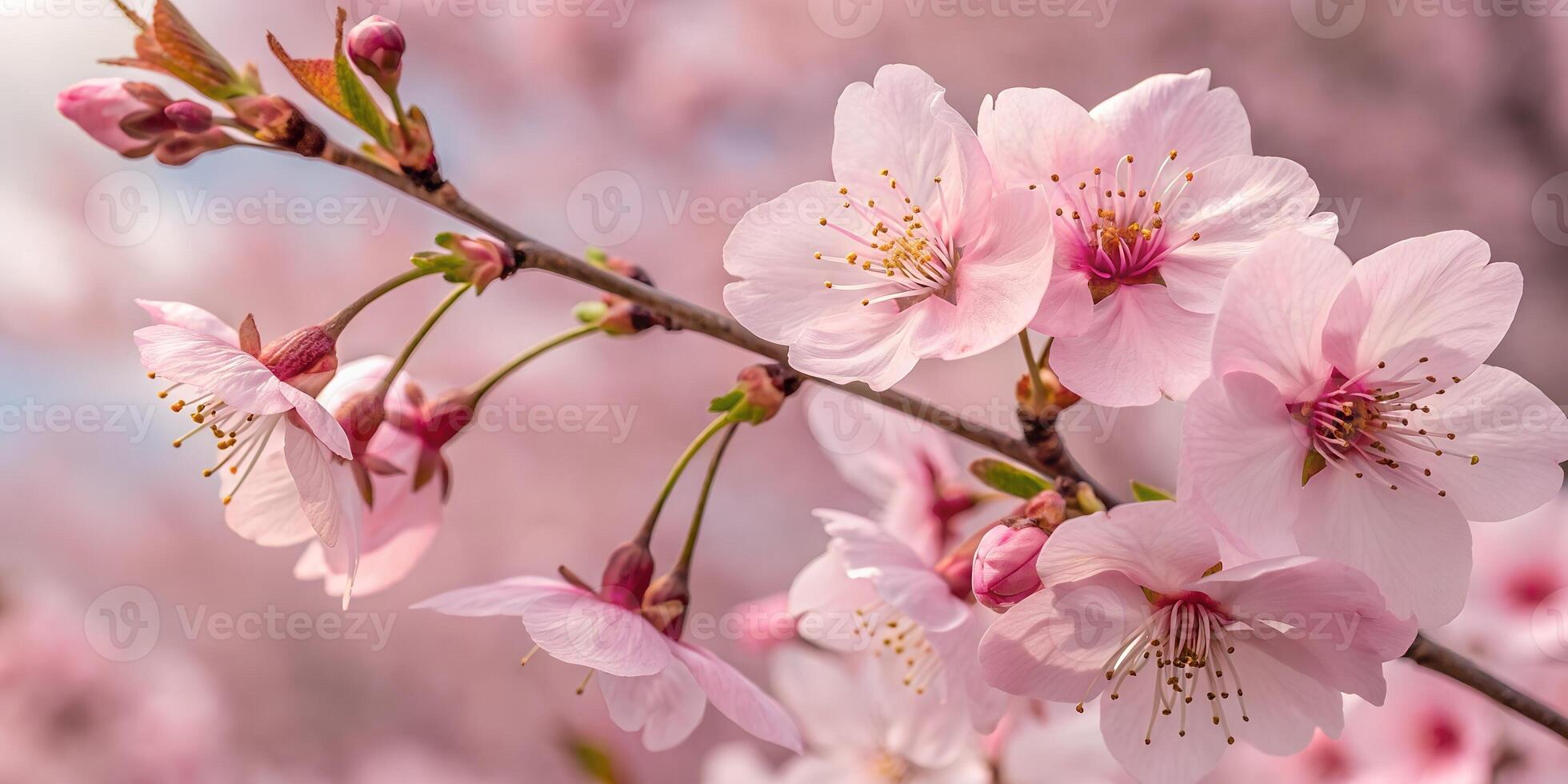 A mesmerizing view of pink sakura blossoms glowing in sunlight with a soft blur effect, evoking a peaceful and elegant springtime feel. photo