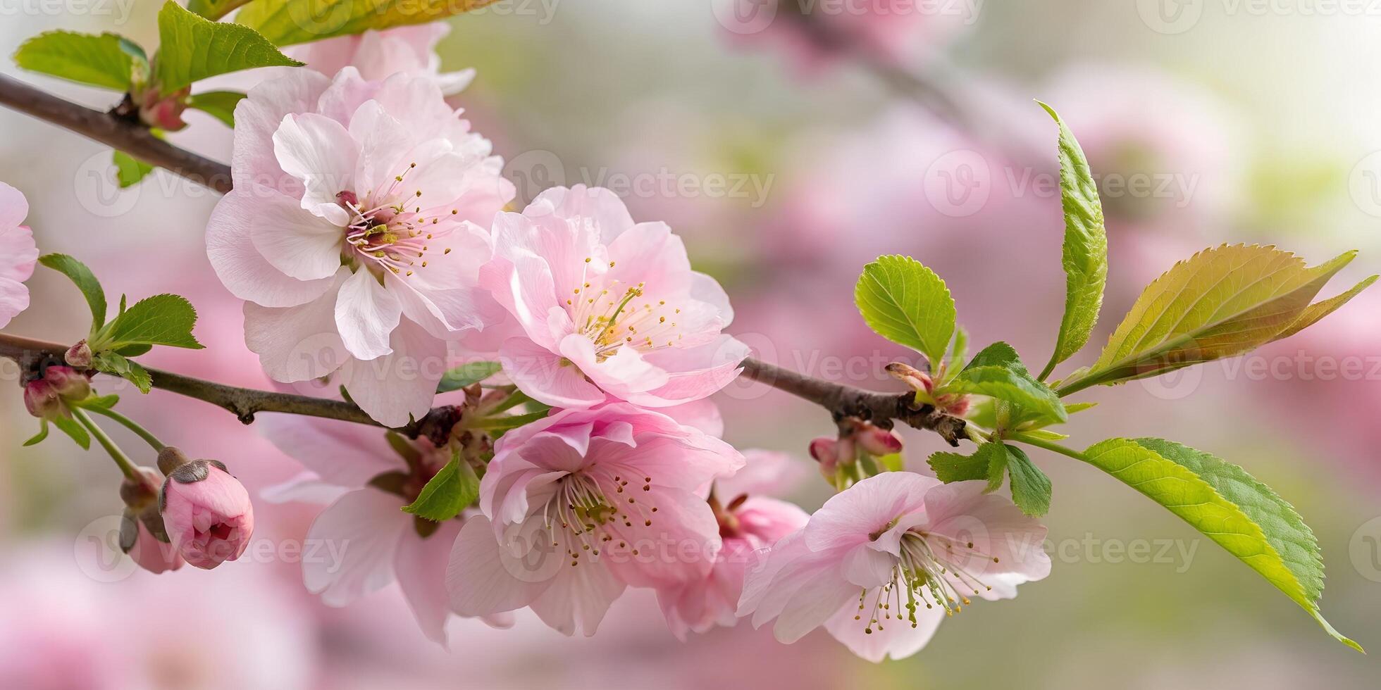 A beautiful photograph of cherry blossom tree branches covered in delicate pink flowers, symbolizing the arrival of spring. Ideal for seasonal and nature designs. photo
