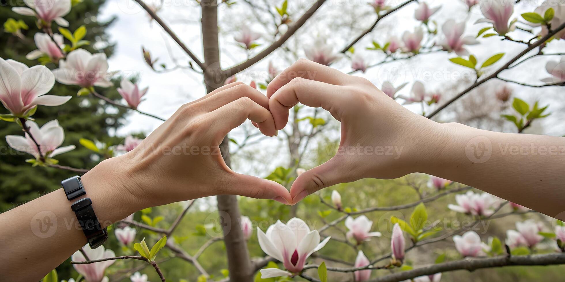 Hands shaping a heart against soft magnolia petals, highlighting themes of appreciation, unity, and gentle romance. For eco-friendly campaigns, floral photography, relationship blogs photo