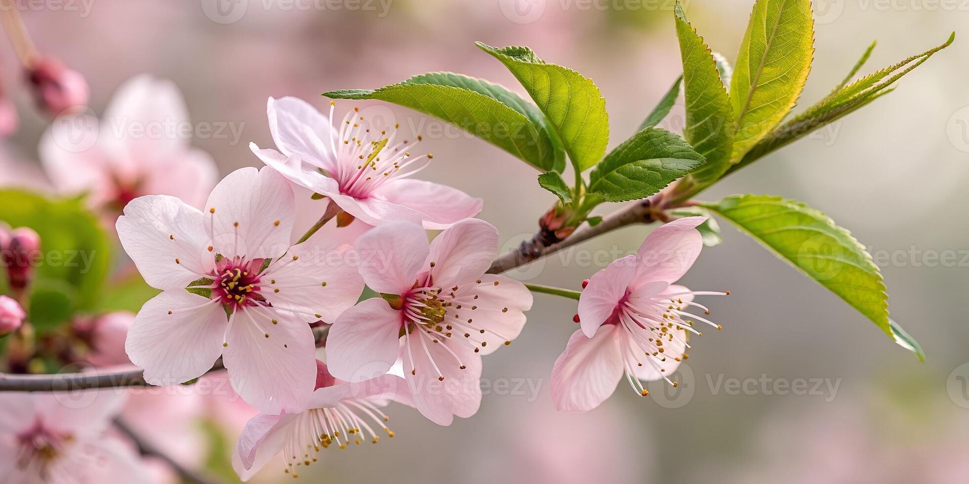 A soft-focus photograph of pink cherry blossoms bathed in gentle light, creating a dreamy and romantic floral atmosphere. Great for backgrounds and decor. photo