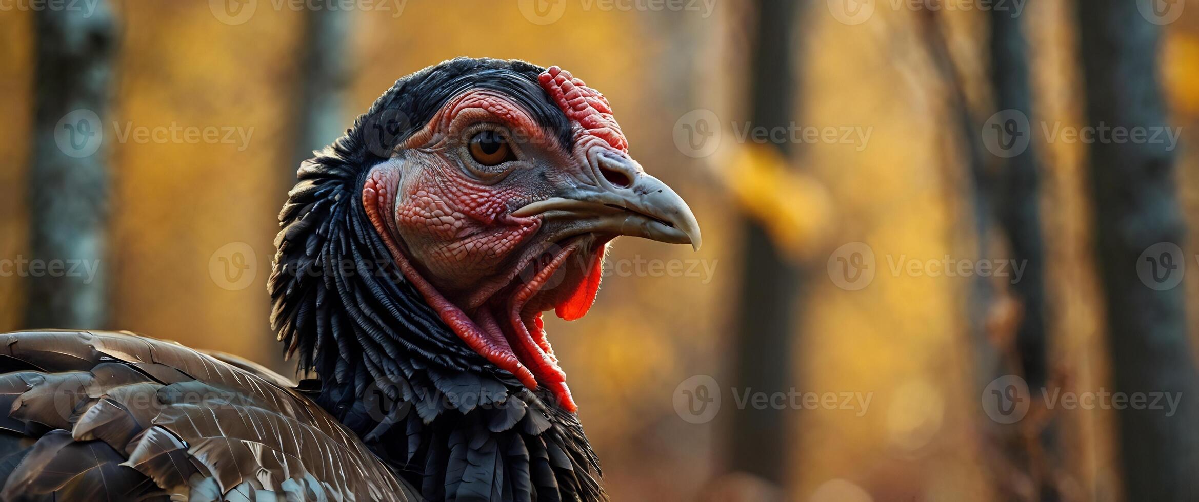 A turkey is standing in the woods with a red head photo