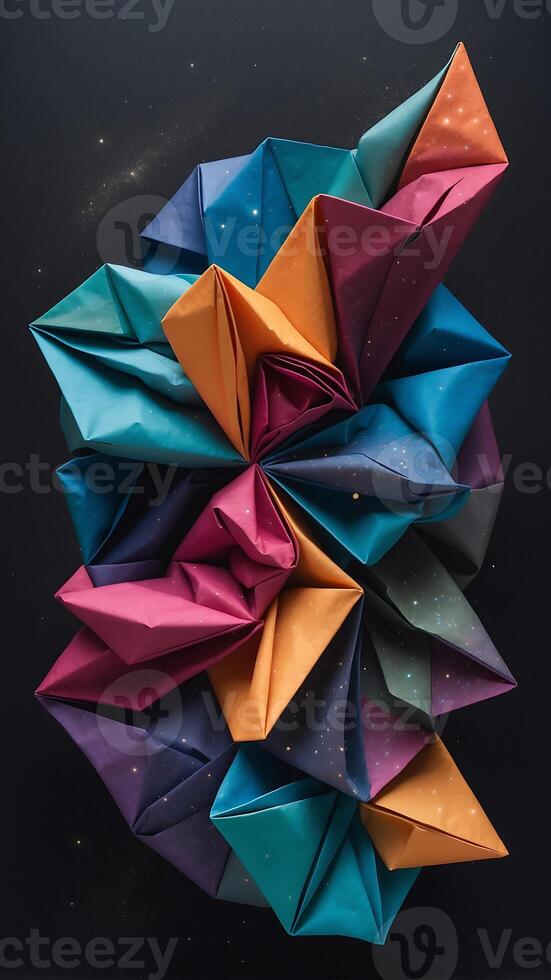 A colorful origami piece on a black background photo