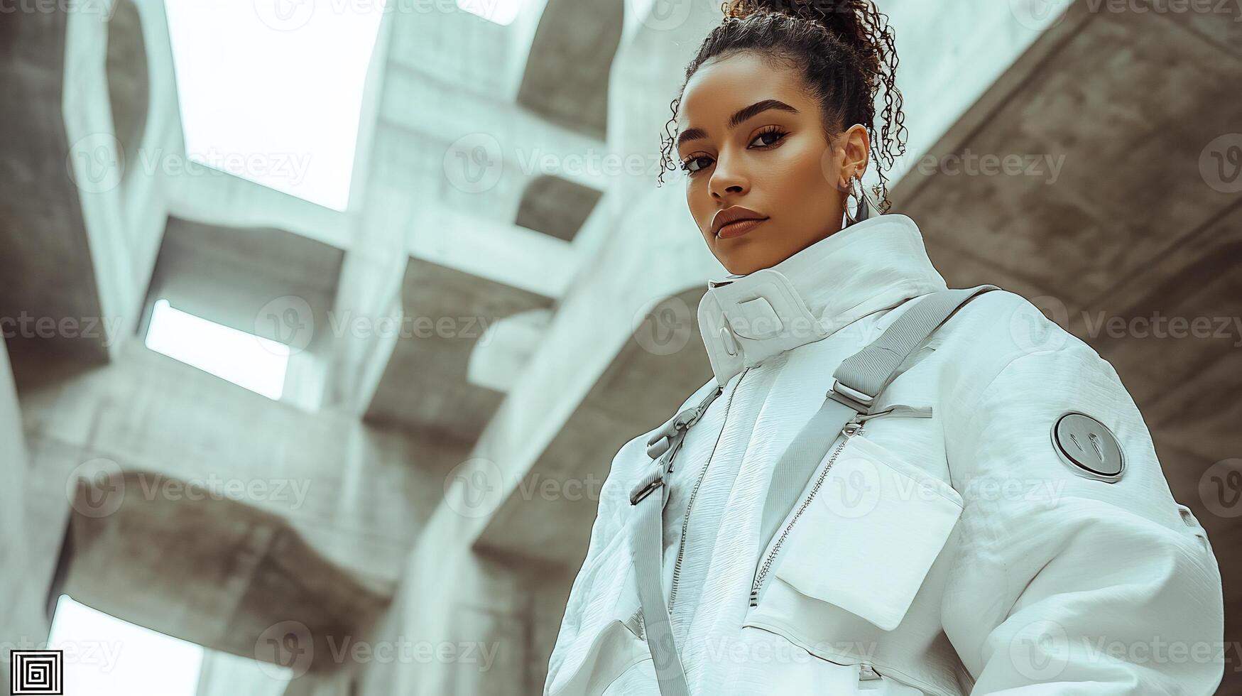 A woman in a white jacket standing in front of a building photo