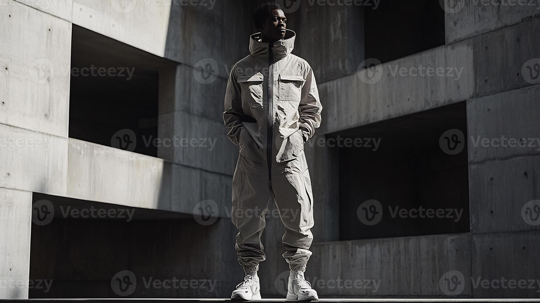 A man in a white jacket standing in front of a building photo