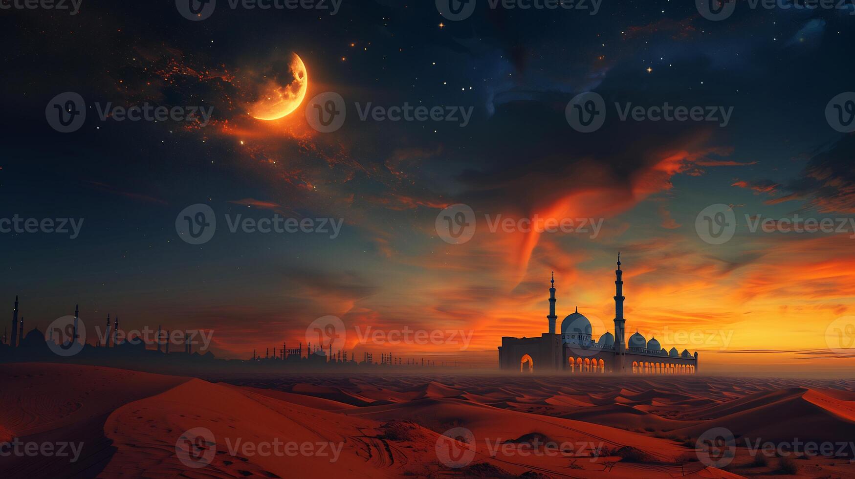 The sunset over the desert with a mosque in the foreground photo