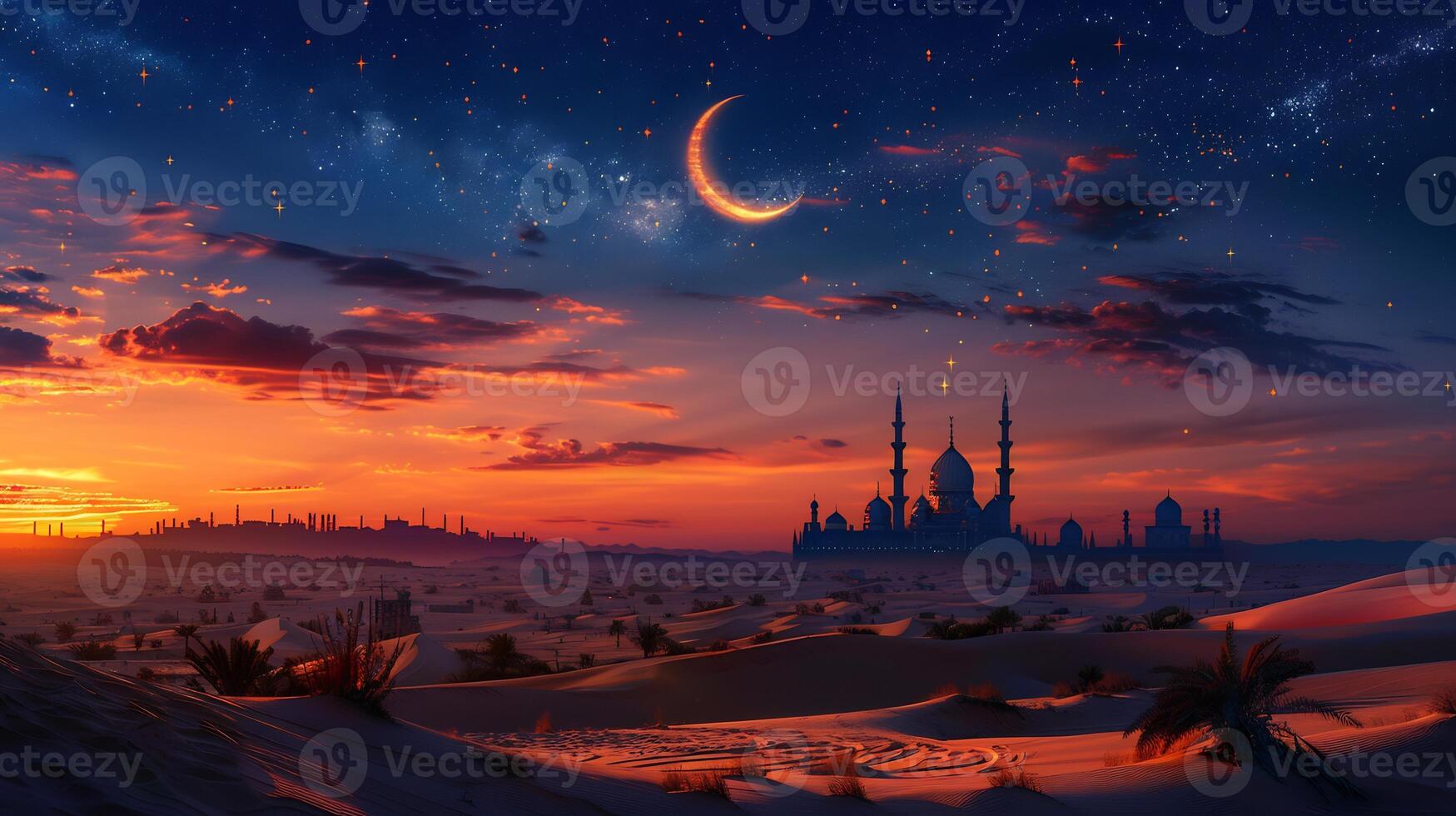 A desert scene with a crescent and a mosque photo