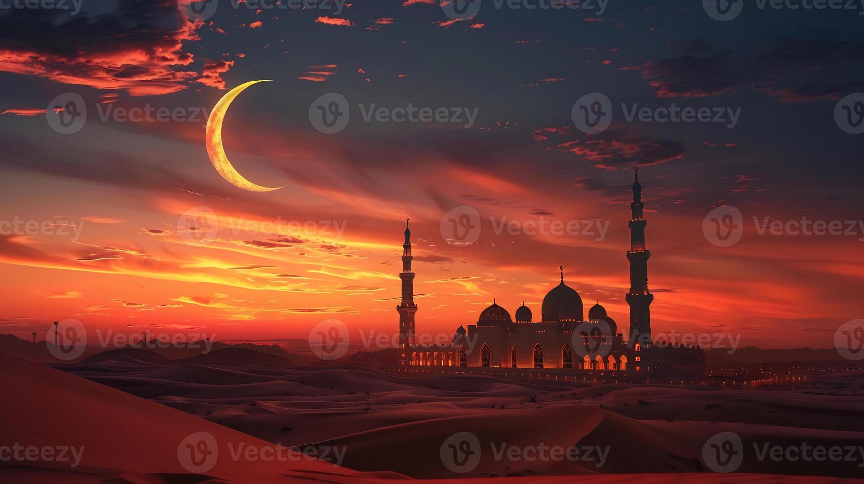 A sunset with a crescent in the sky and a mosque in the desert photo