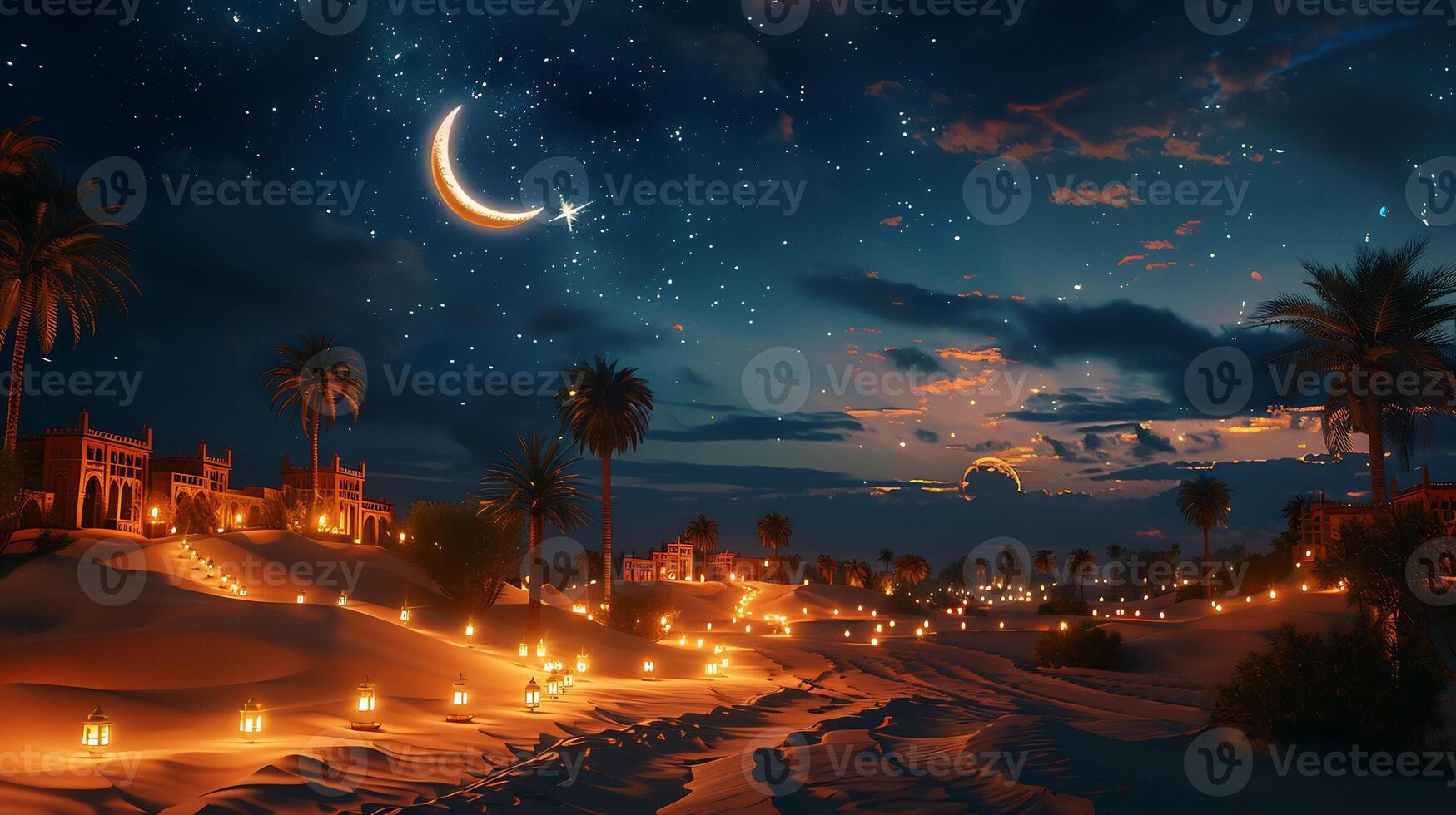 A desert scene with palm trees and a crescent moon photo