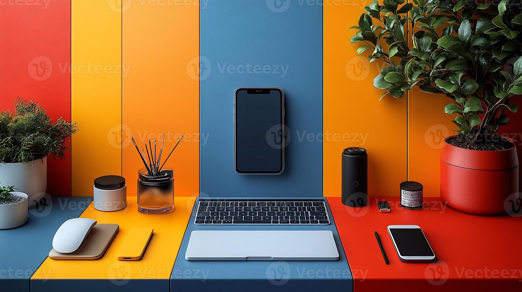 A colorful desk with a laptop, phone, and other items photo