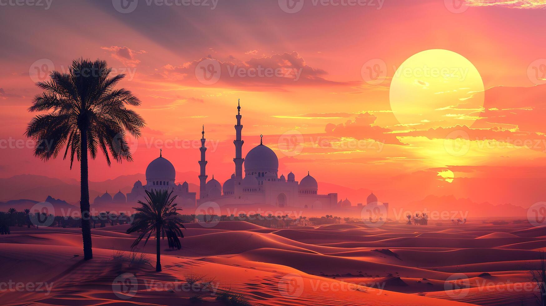 The sun sets over a desert landscape with palm trees photo