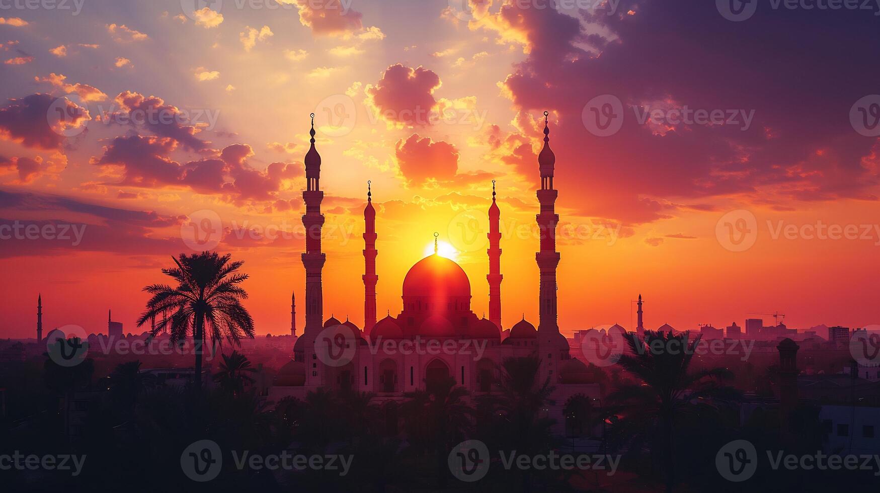 The sun sets behind a mosque in the middle of a city photo