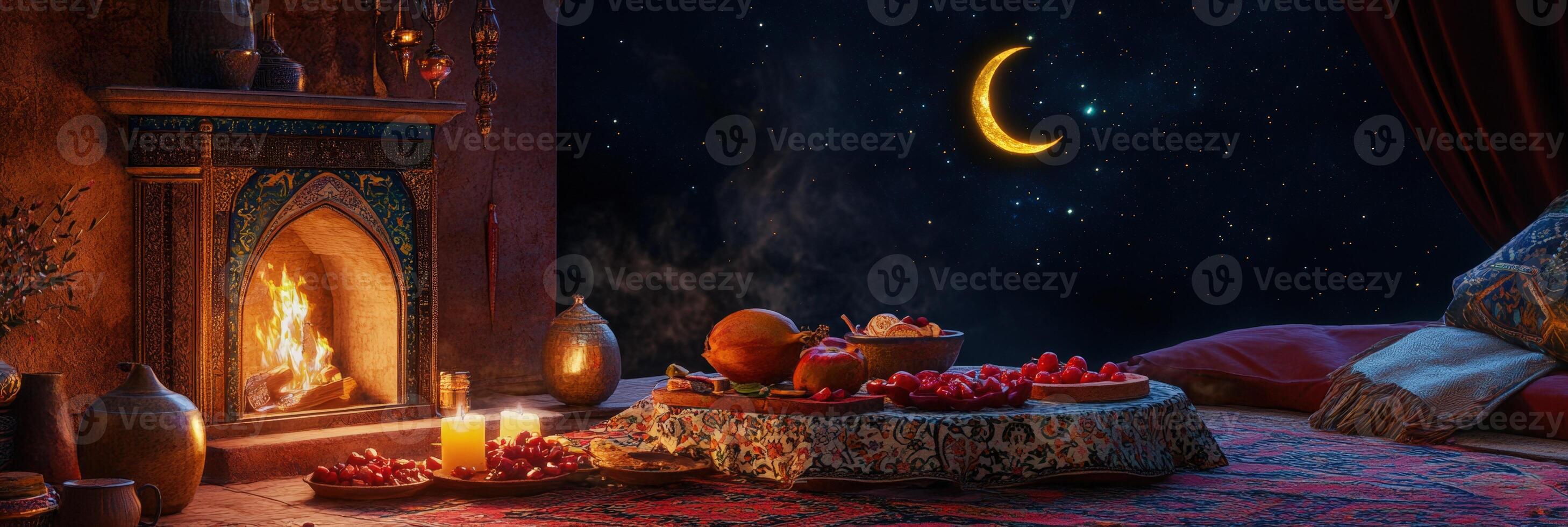 A room with a fire and candles on the table photo