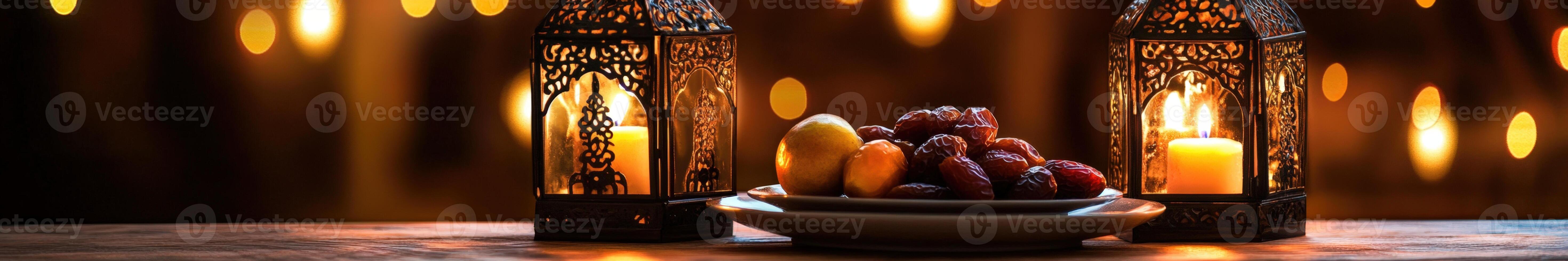 Candles and dates in a bowl on a table photo