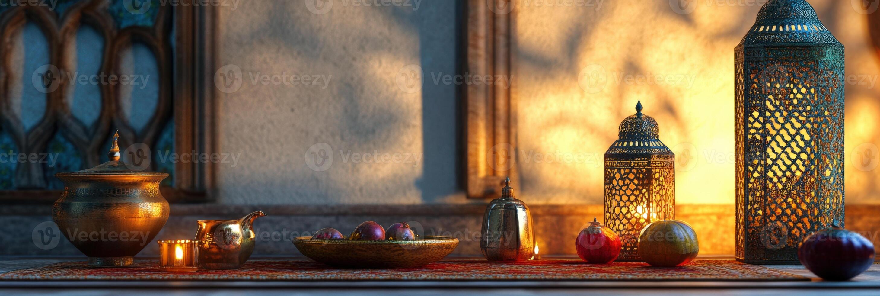 A table with a lamp, a candle and a vase photo