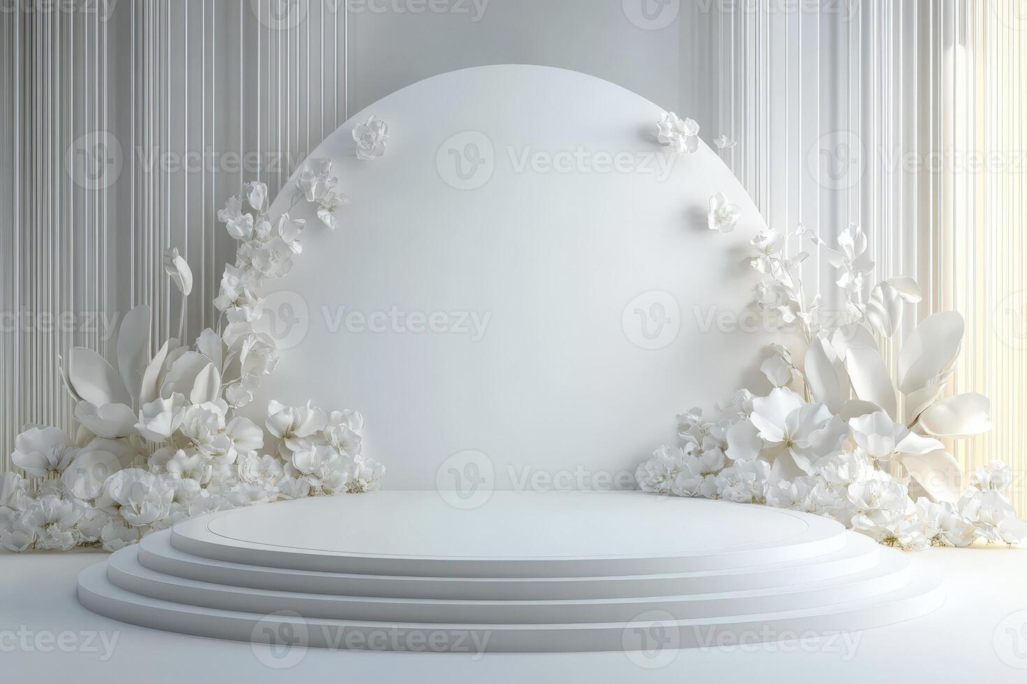 White stage with flowers and a large mirror photo