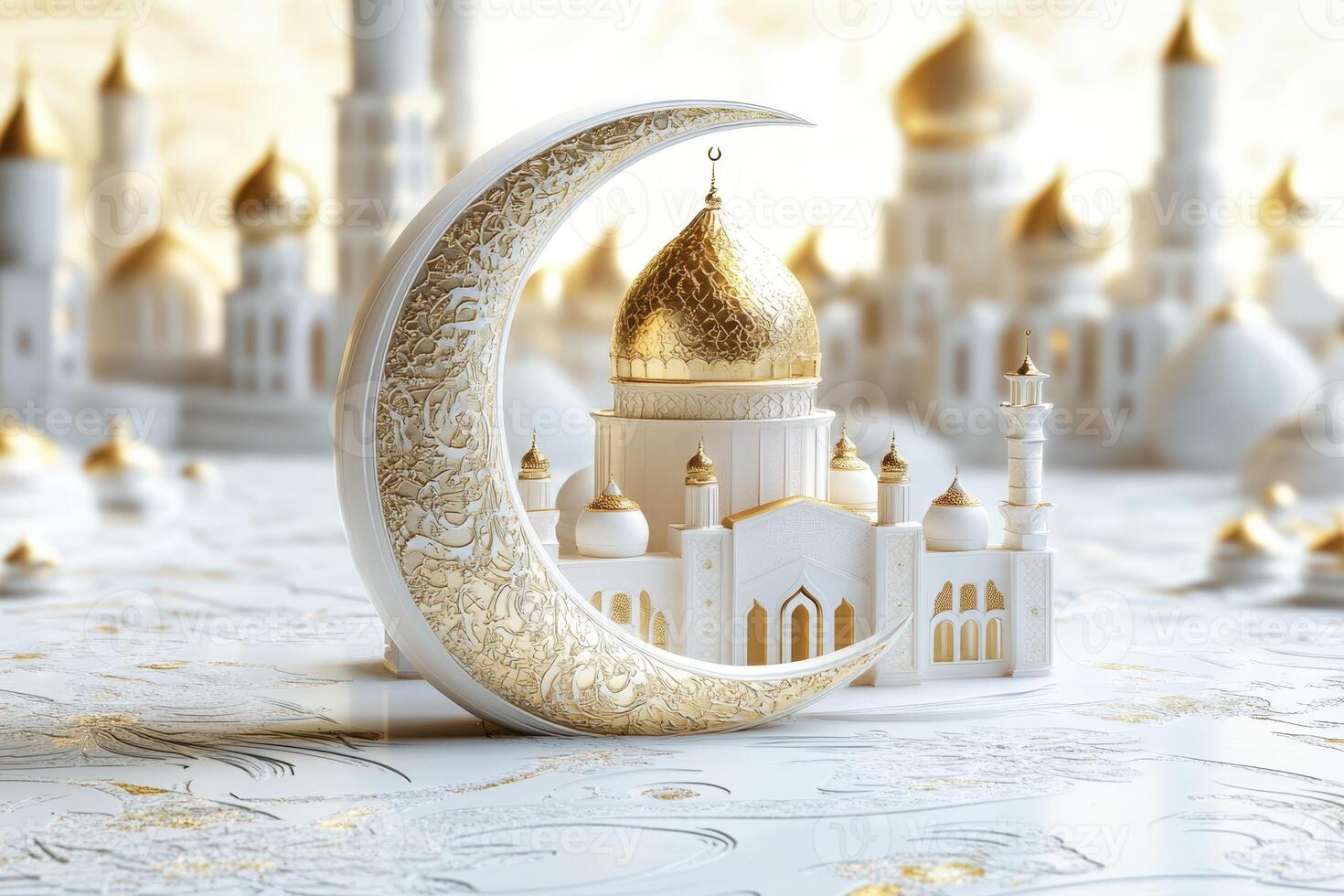 Islamic architecture with golden crescent and mosque photo