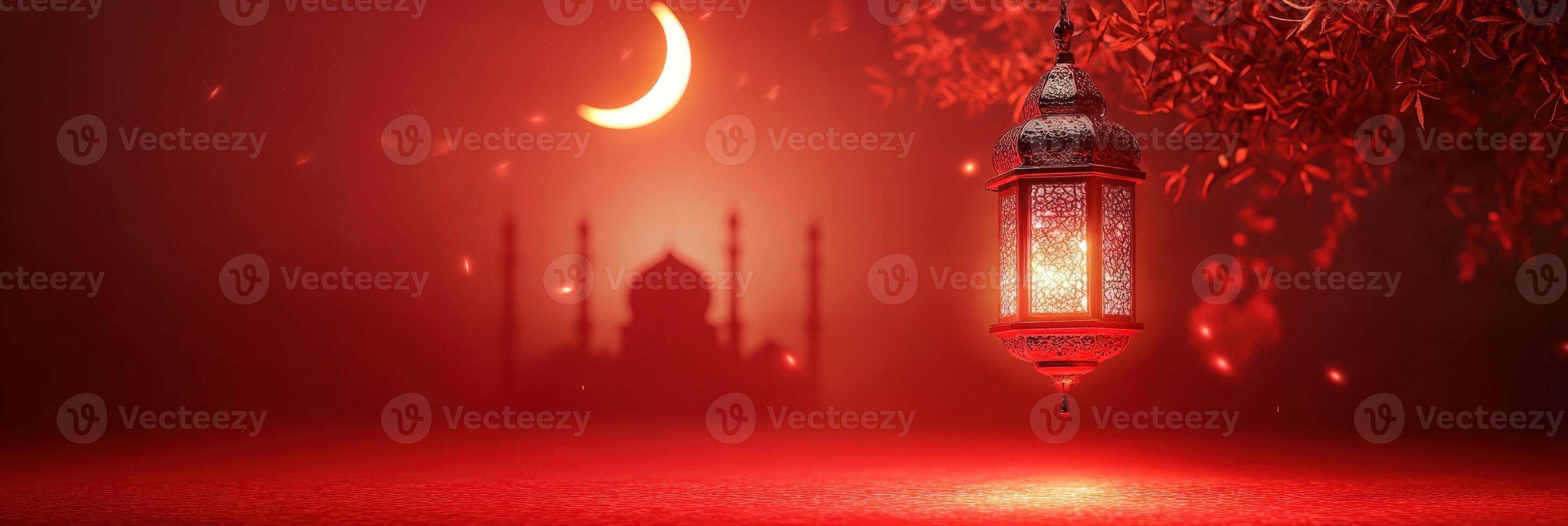 Ramadan lantern on red background with moon and crescent photo