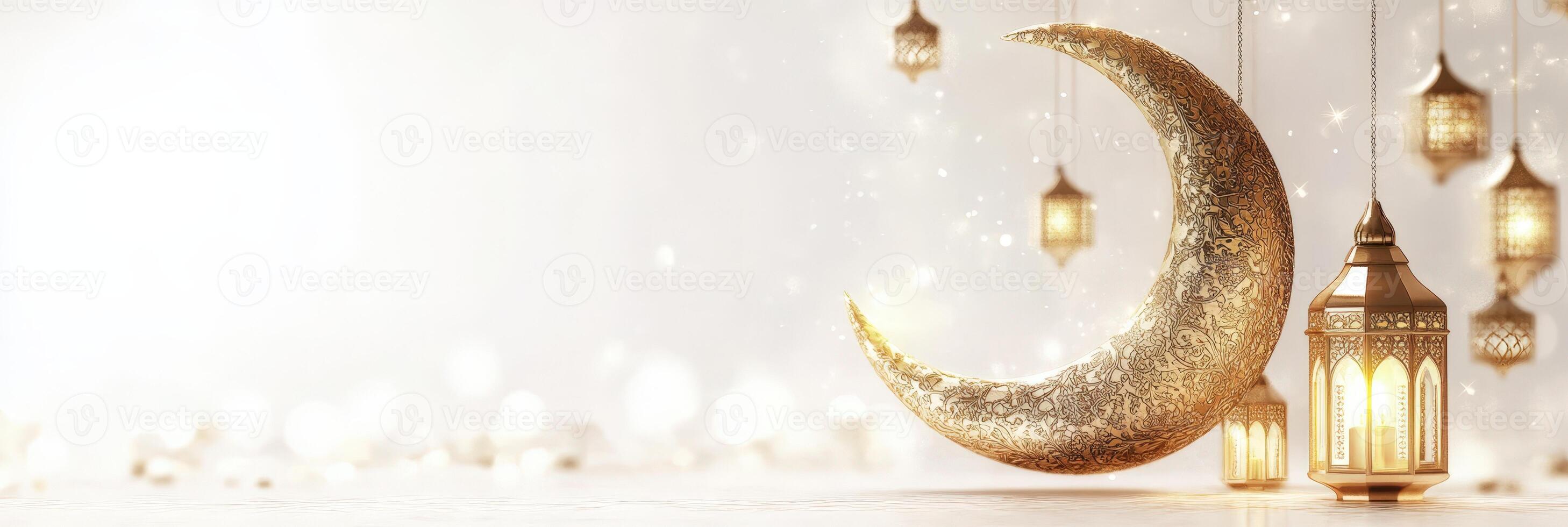 Golden crescent and lamps on white background for eid mubarak photo