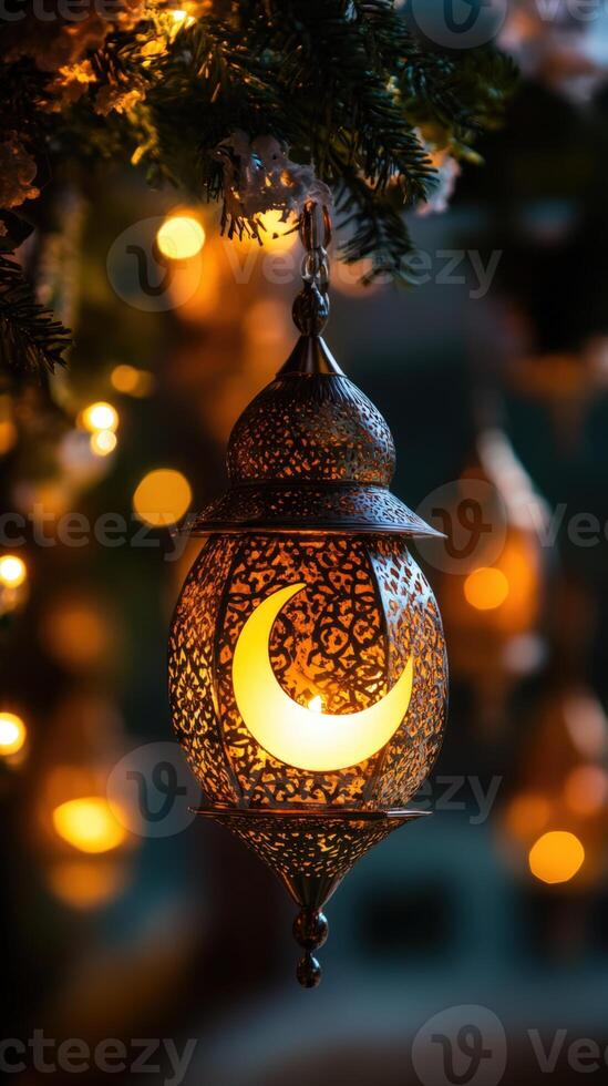 A lantern with a crescent moon hanging from a tree photo