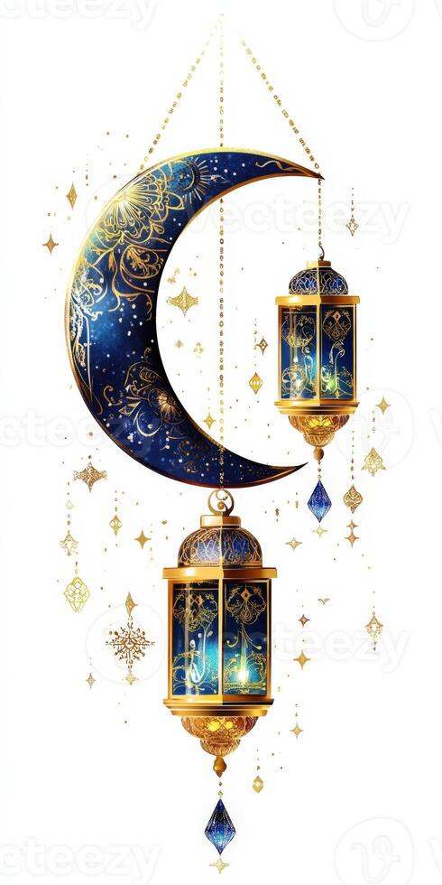 A crescent and a lantern hanging from the ceiling photo