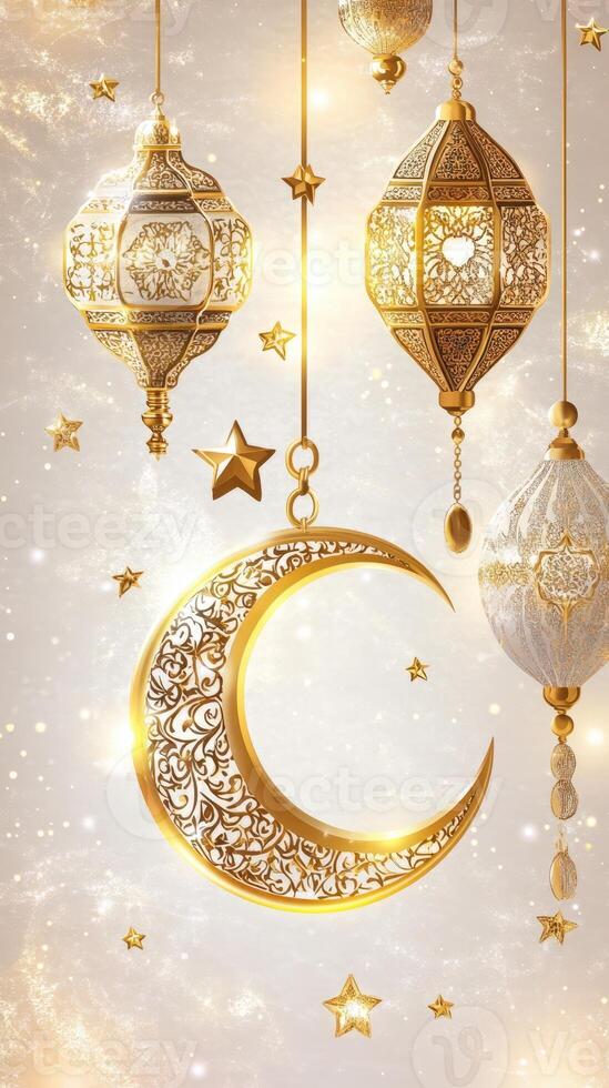 Golden crescent and stars hanging from the ceiling photo