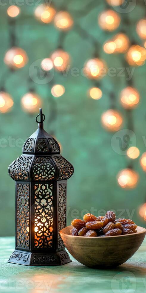 Ramadan kabob with dates and lantern on table photo