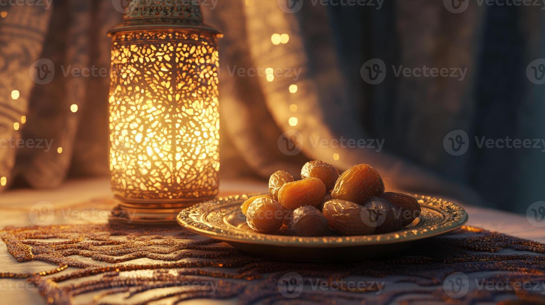 Dates and lantern on table with curtains and lights photo