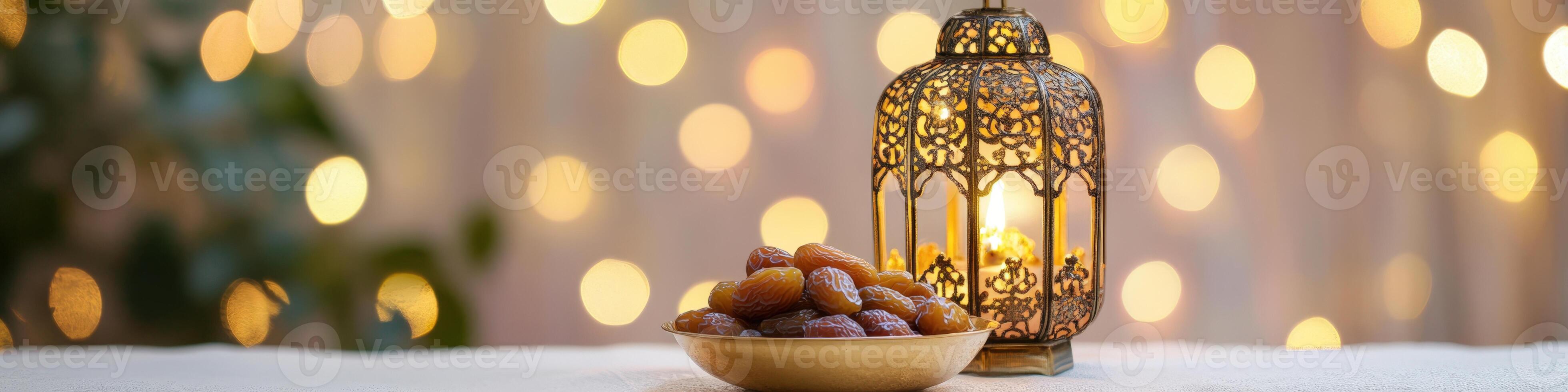 Ramadan kabob with dates and gold lamp photo