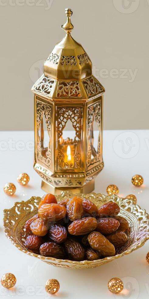 Dates and lantern on a table photo