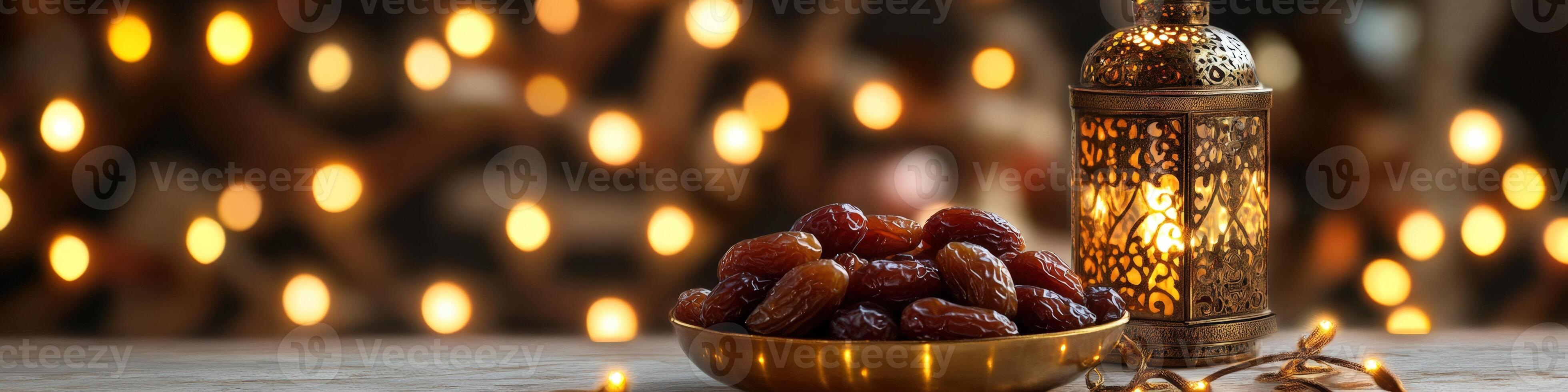 Dates and candles on a table with blurred lights photo
