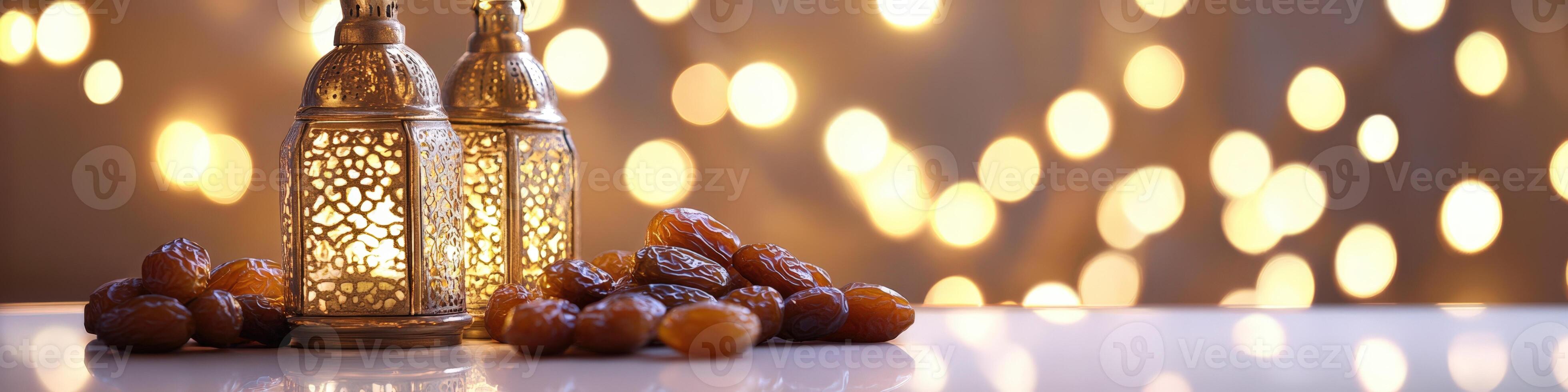 Ramadan kabab and dates on table with bokeh lights photo