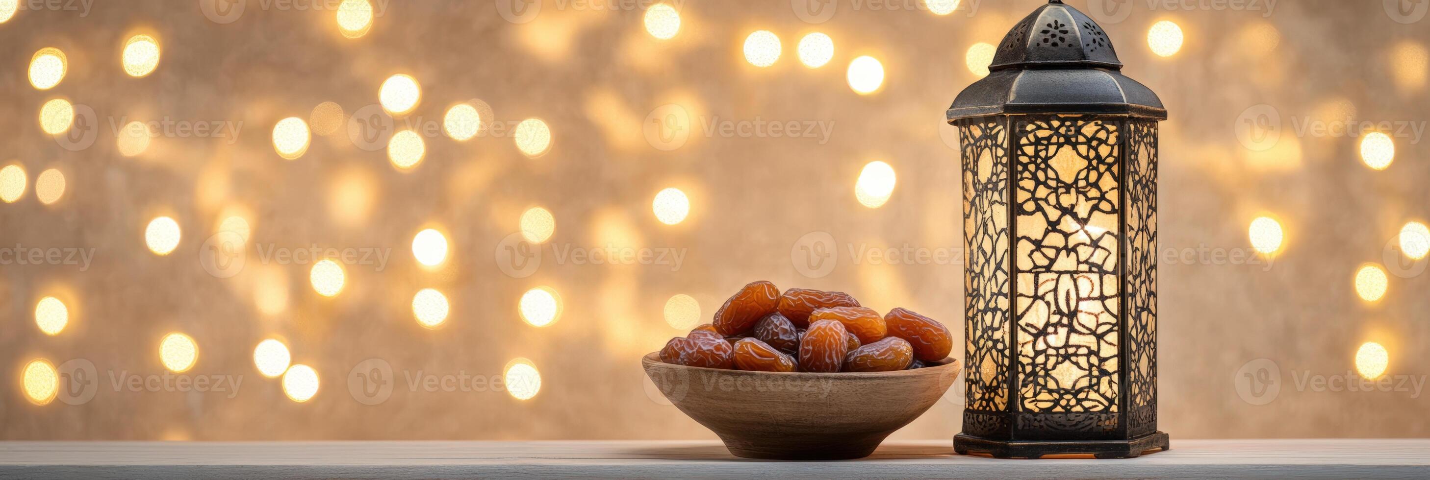 Ramadan lantern and dates on a table with bokeh lights photo
