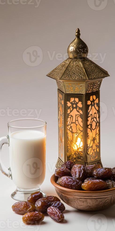 Dates and a cup of milk with a lantern on a table photo