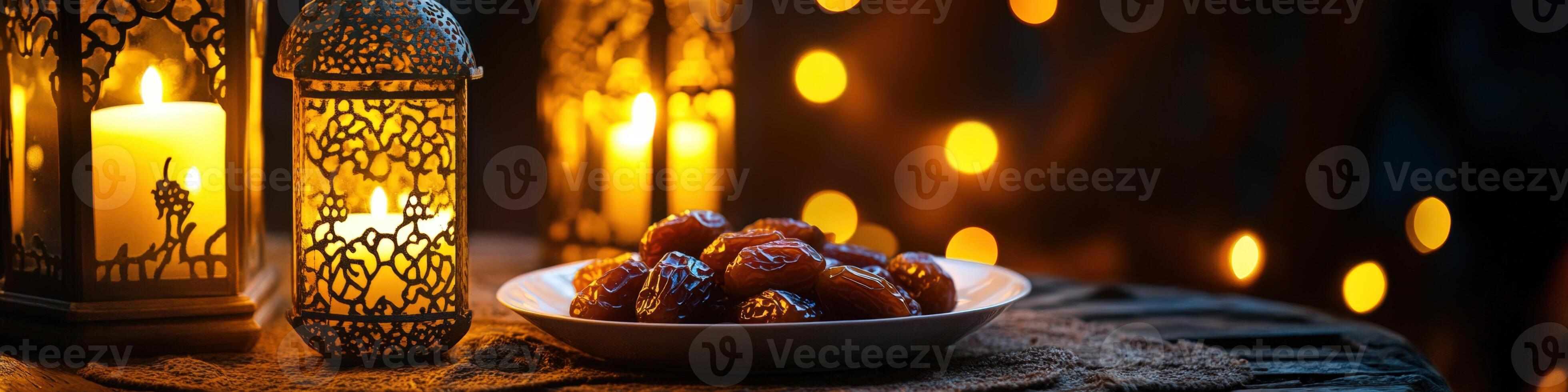 Dates and candles in a bowl on a table with lights photo