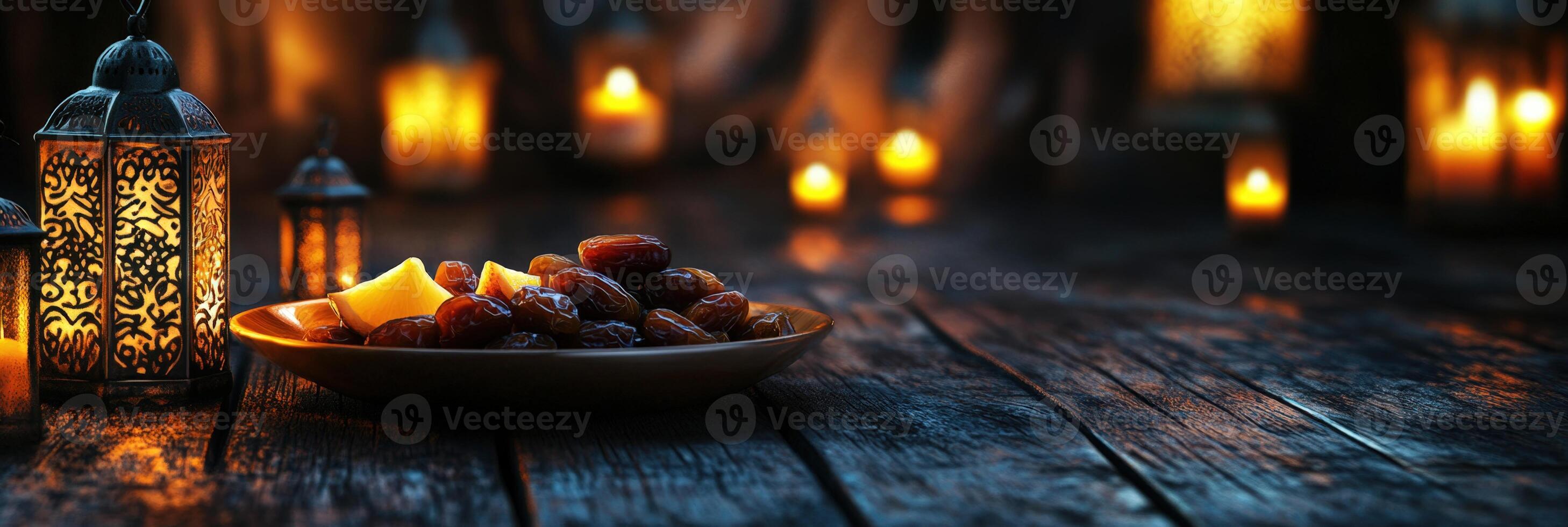 Ramadan kabob with dates and candles on wooden table photo