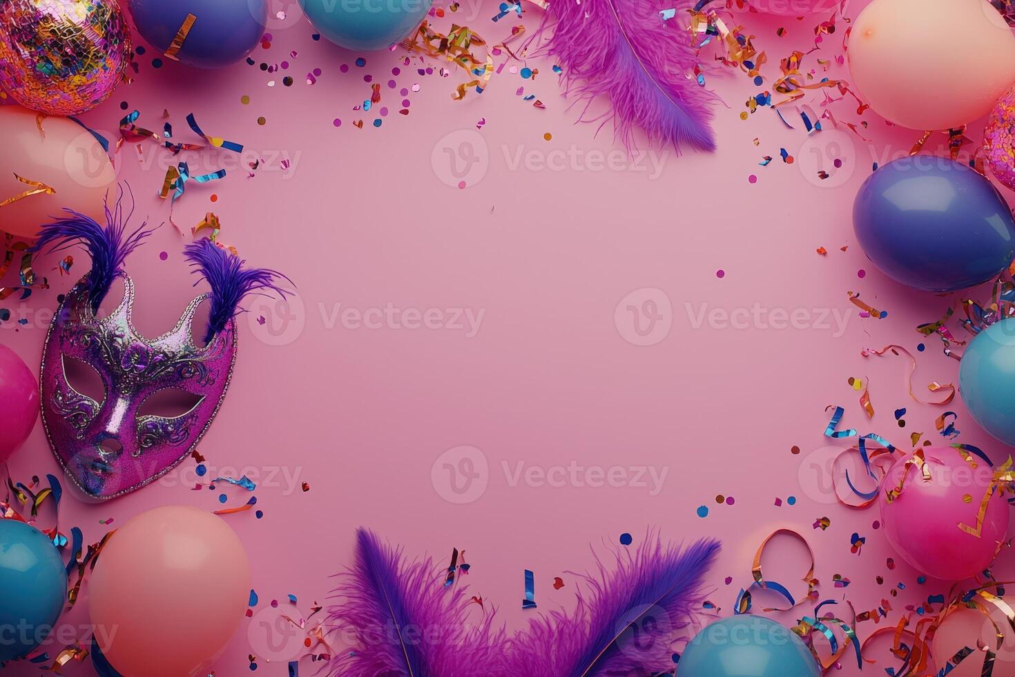 A pink background with colorful balloons and feathers photo
