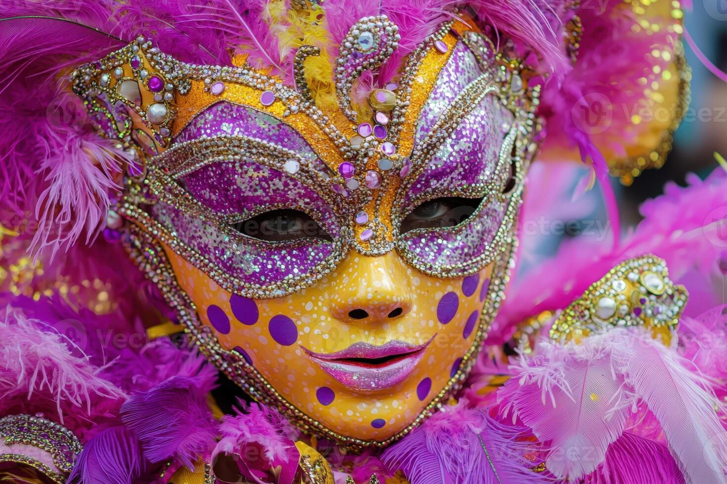 A woman wearing a colorful mask with feathers photo