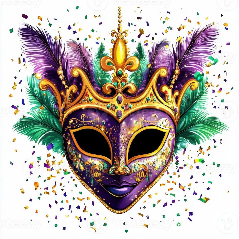 Mardi gras mask with feathers and feathers on a white background photo