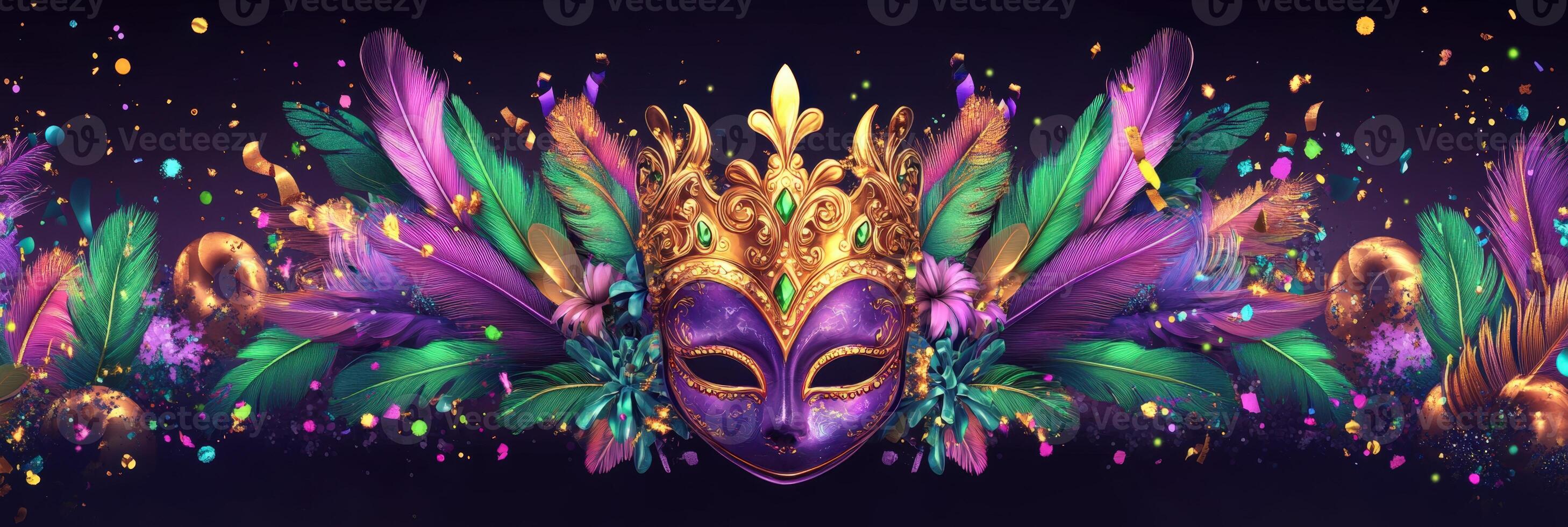 A colorful mardi gras mask with feathers and gold photo