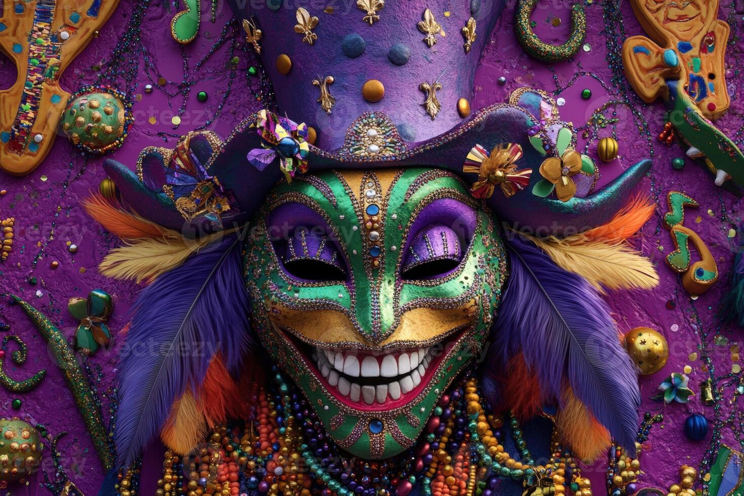 A colorful mardi gras mask with beads and feathers photo