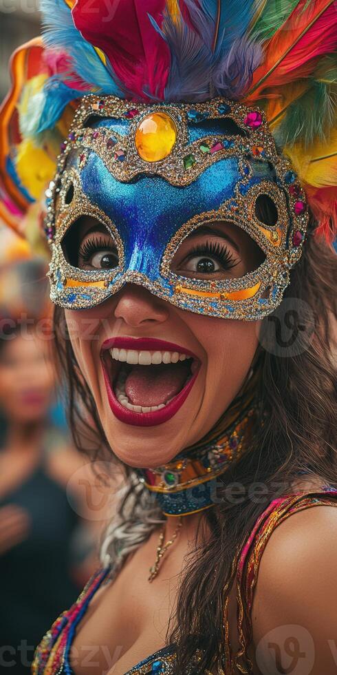 A woman wearing a colorful mask and colorful feathers photo