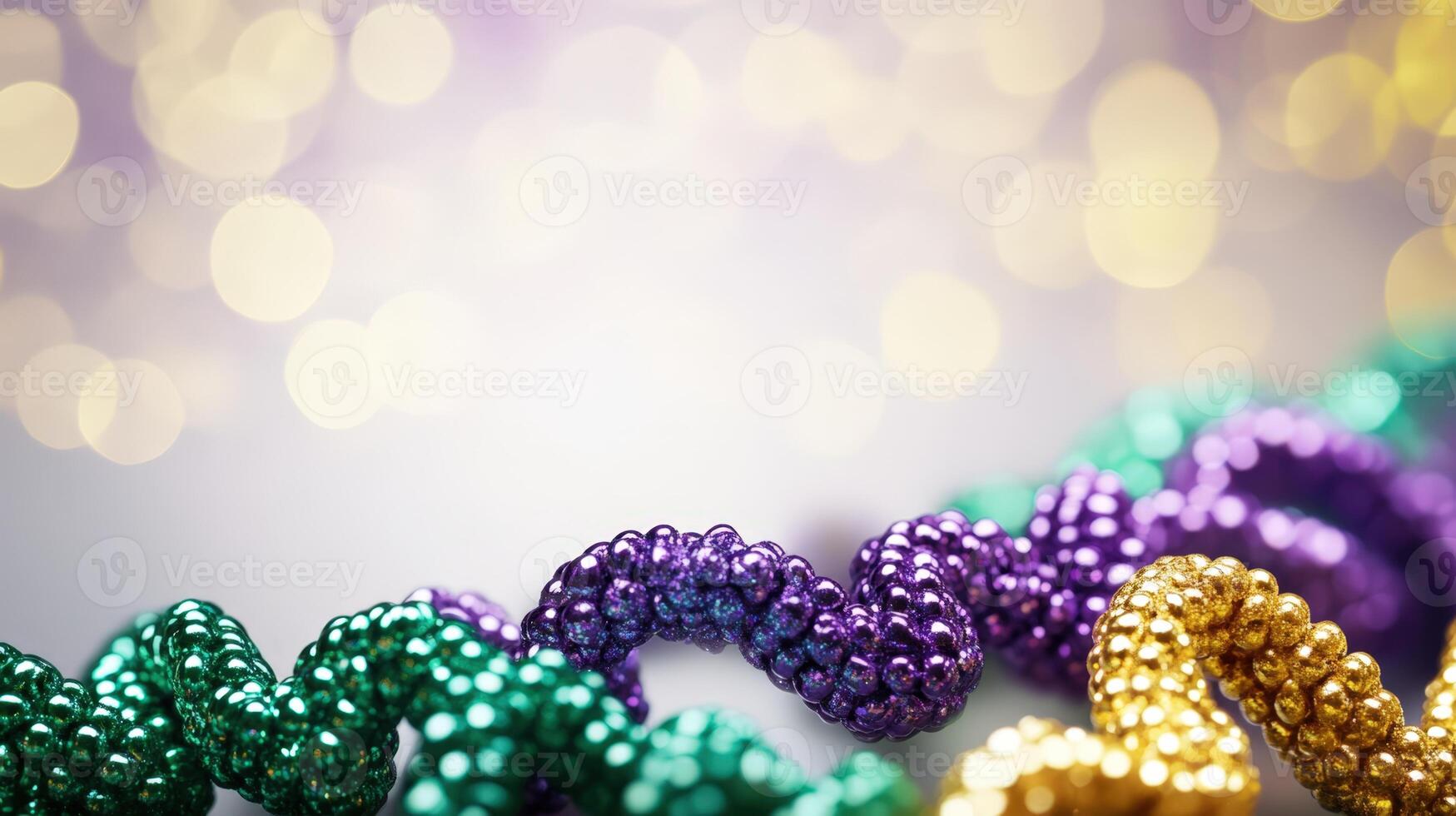 Mardi gras beads on a table with a blurry background photo