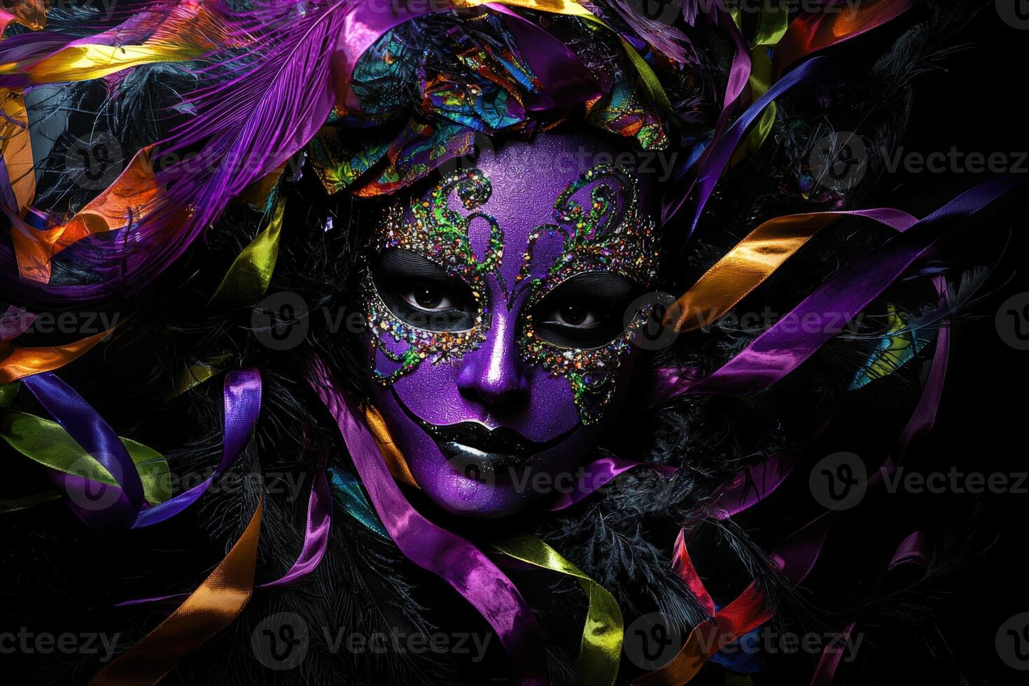 A purple and black mask with feathers photo