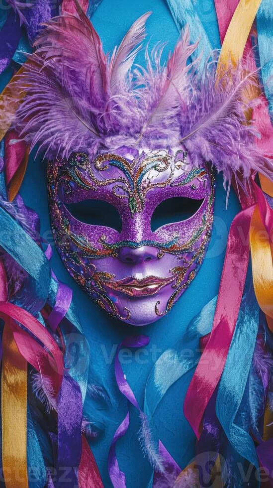 A purple and pink carnival mask surrounded by colorful ribbons photo