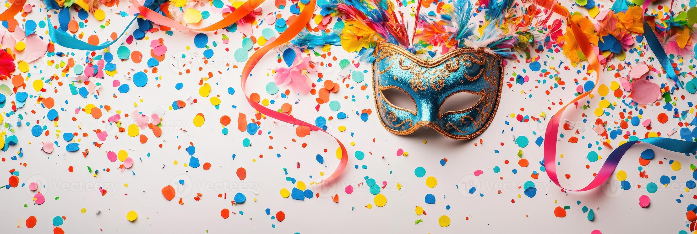A colorful carnival mask and confetti on a white wall photo
