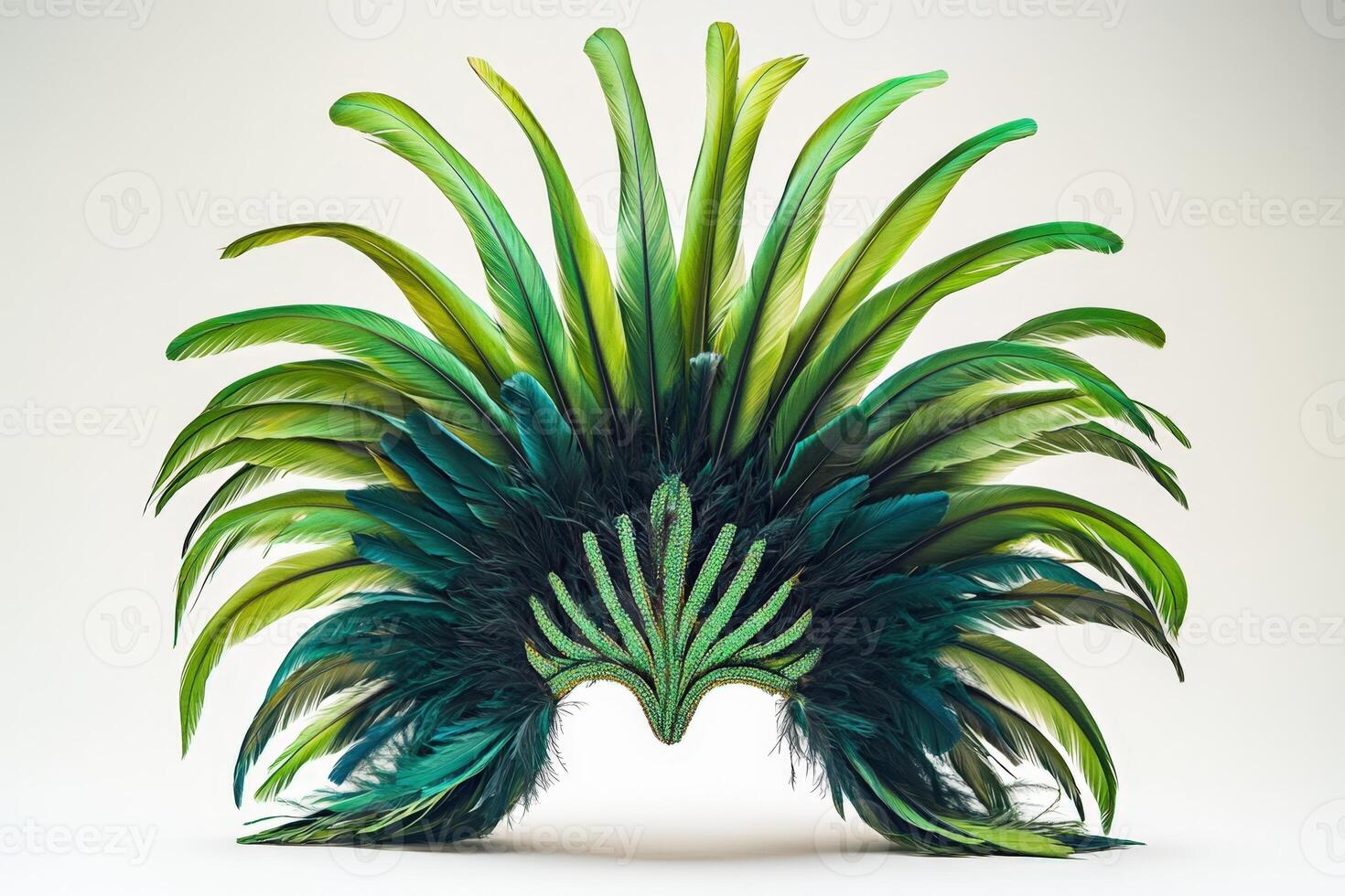 A green and black feather headdress with a white background photo