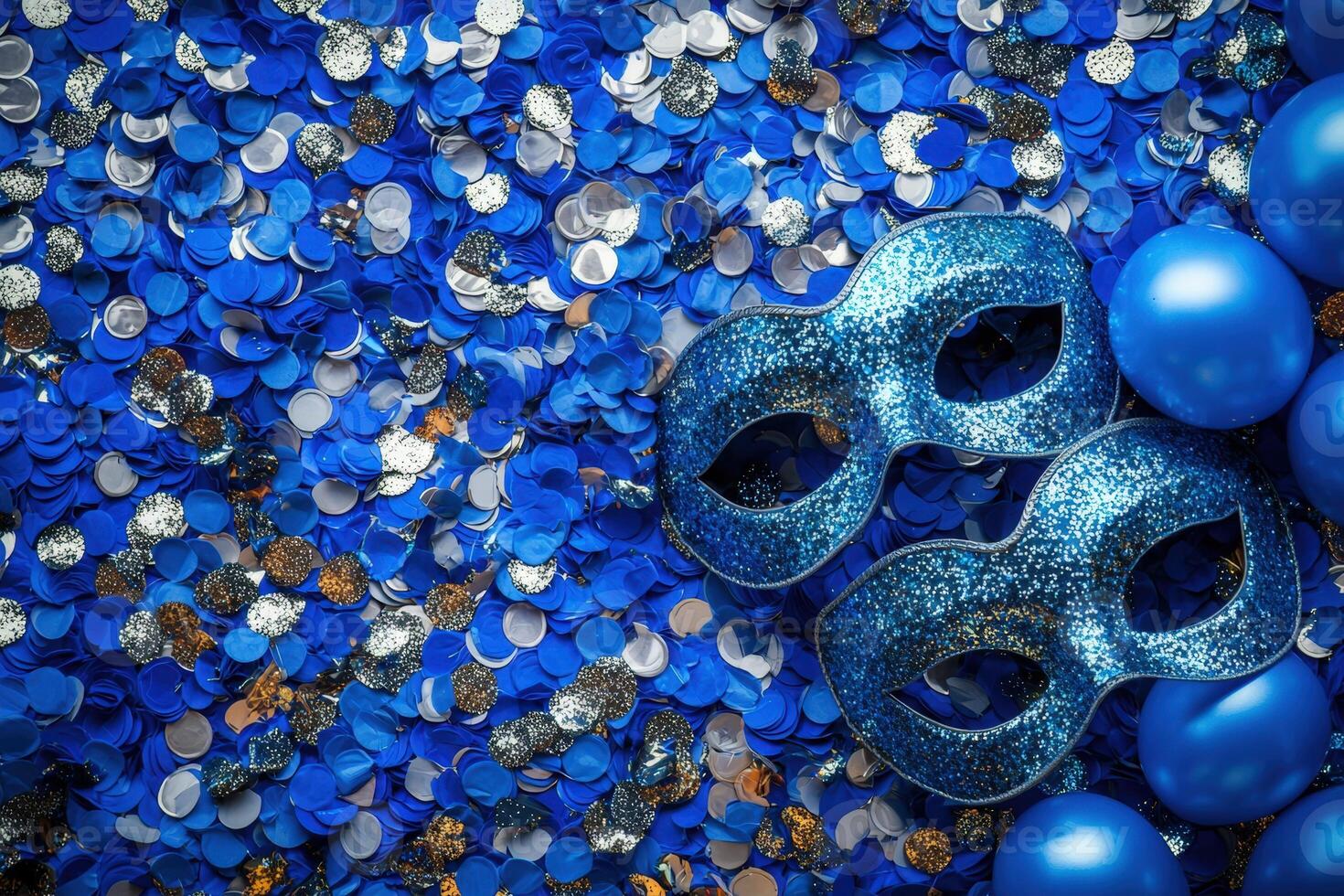 Blue carnival mask and blue confetti on a blue background photo