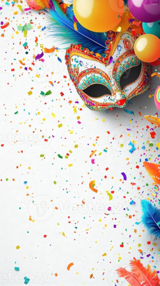 Colorful carnival mask and confetti on white background photo